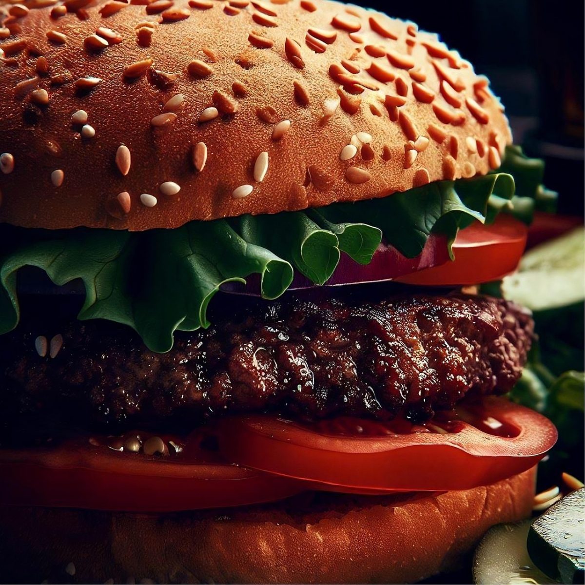 ai generated, burger, hamburguer, bread, steak, meal, vegetables, food